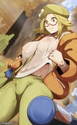 1girls absurd_res absurdres bag beret bianca_(pokemon) big_breasts blonde_hair breasts embarrassed female glasses green_eyes highres light-skinned_female looking_down nintendo nipples no_bra outdoors panpour pinkseito poke_ball poke_ball_(basic) pokemon pokemon_bw2 see-through short_hair solo standing thick_thighs under-rim_eyewear wet_shirt