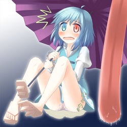 blue_eyes blue_hair blush color female geta heterochromia kogasa_tatara legs no_nose open_mouth peeing peeing_self razy_(skuroko) red_eyes saliva short_hair sitting solo tongue touhou umbrella