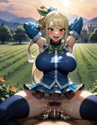 1boy 1girls ai_generated aqua_(konosuba)_(cosplay) armpits blonde_hair brown_eyes cosplay dark-skinned_male dress fairy_tail happy_sex interracial light-skinned_female lucy_heartfilia orgasm partial_male payop solo_focus stockings straight_hair vaginal_sex