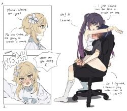 1boy 2girls assertive_female blush chair comic english_text femdom genshin_impact girl_on_top lumine_(genshin_impact) mona_(genshin_impact) on_lap scaramouche_(genshin_impact) sitting sitting_on_lap sitting_on_person teasing