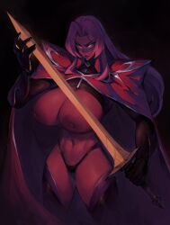 boots breasts cape cropped_legs dark-skinned_female dark_skin female hair_intakes highres huge_breasts ingrid_(taimanin_asagi) ingrid_(taimanin_murasaki) long_hair purple_lips revealing_clothes serious shrug_(clothing) simple_background solo standing sword taimanin_(series) taimanin_murasaki thigh_boots thong topless weapon yellow_eyes zako_(arvinry)