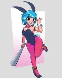 1girls bare_shoulders bat black_eyes black_nails blue_hair blush bunny_ears bunny_tail bunnysuit female heels holding_object looking_at_viewer nail_polish ramona_flowers sben64 scott_pilgrim short_hair solo solo_female star