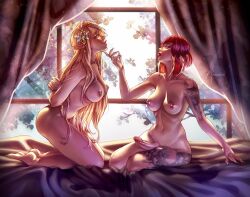 1futa 1girls 2023 areolae arms_behind_back arms_tied arms_tied_behind_back astisemie bed big_breasts big_penis blonde_hair breasts detailed_background duo elf erection female femsub full_body futa_on_female futa_with_female futadom futanari human humanoid jezera_(kerregain) kneeling light-skinned_futanari light_skin long_hair nipples nude penis pointy_ears red_hair tattoos valera_(kerregain)