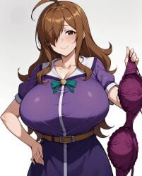 ai_generated blush bra brown_eyes brown_hair g-cup gigantic_breasts hair_over_one_eye holding_bra huge_bra huge_breasts kono_subarashii_sekai_ni_shukufuku_wo! light-skinned_female light_skin long_hair looking_at_viewer massive_breasts mature_female milf mommy smiling solo_female very_long_hair voluptuous voluptuous_female wiz_(konosuba)