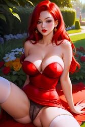 ai_generated big_breasts black_lingerie black_thong boobs cleavage green_eyes inviting jessica_rabbit large_breasts lingerie panties red_dress red_hair redhead see-through sequin_dress sheer spread_legs stockings thong white_stockings who_framed_roger_rabbit