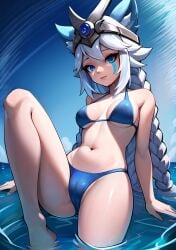 ai_generated bikini blue_eyes cameltoe female fox_ears fox_girl io_(paladins) navel paladins partially_submerged silver_hair solo stable_diffusion water