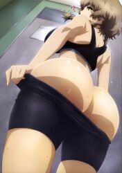 1girls ai_generated amane_suzuha ass ass_focus athletic_female big_ass big_butt bike_short black_shorts braided_hair brown_hair female glancing_back pulling_down_pants solo sports_bra steins;gate sweatdrop tomboy twin_braids workout_clothes