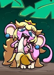 1girls after_transformation animal_ears anthro banana blonde_hair blue_eyes breasts chabble female haplorhine jungle leaf long_hair mario_(series) monkey nipples outdoors plant post-transformation primate princess_peach tail transformation tree