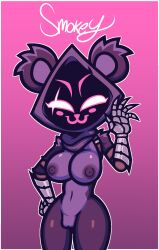 anthro areola armor bear blush breasts clothed clothing epic_games eye_scar facial_scar female fortnite fur gauntlets genitals gesture gloves gradient_background handwear hi_res hood looking_at_viewer mammal nipples nude partially_clothed partially_clothed_anthro partially_clothed_female purple_body pussy raven_team_leader scar shadow_face simple_background smile smokey_the_menish solo thick_thighs topless waving waving_at_viewer wraps