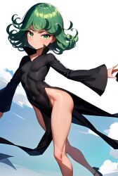 1girls ai_generated belly_button black_clothing black_dress blush breasts breasts clothed clothing curly_hair eyebrows eyelashes female female_only fit_female green_eyes green_hair legs light-skinned_female light_skin looking_at_viewer navel one-punch_man pale-skinned_female pale_skin short_hair sky sky_background small_breasts stomach tatsumaki thighs white_skin