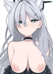 aged_up animal_ear_fluff animal_ears binsen blue_archive blue_eyes breasts choker female hair_between_eyes hair_ornament hair_over_one_eye hairclip halo highres large_breasts sagging_breasts shiroko_(blue_archive) shiroko_(terror)_(blue_archive) shiroko_terror_(blue_archive) simple_background white_background wolf_ears