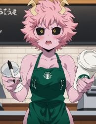 ai_generated apron apron_only areola_slip ashido_mina bare_shoulders black_sclera blurry blurry_background blush bones_(company) breasts cafe chalkboard cleavage clothing coffee_cup colored_sclera colored_skin cup disposable_cup female female_only green_apron hadaka_apron holding holding_cup horns iced_latte_with_breast_milk_(meme) indoors lactation large_breasts looking_at_viewer meme mina_ashido my_hero_academia naked_apron nude open_mouth pink_hair pink_skin short_hair shounen_jump solo starbucks student teen teen_girl teenage teenage_girl teenager yellow_eyes