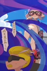 1boy 1girls anemoneno1_(splatoon) animal_humanoid anthro blush bottomless censored cephalopod cephalopod_humanoid clothes_lift exhibitionism humanoid inkling inkling_boy inkling_girl mask_(marking) nintendo no_bra no_panties organ_rn pointy_ears pseudo_hair splatoon splatoon_(series) splatoon_3 squid sweater_dress sweater_lift tentacle tentacle_hair