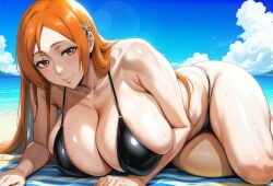 1girls ai_generated bangs bare_shoulders beach bikini black_bikini black_swimsuit bleach bleach:_the_thousand-year_blood_war blue_sky blush breasts brown_eyes clavicle cleavage clothing cloud day female female_only flower hair_flower hair_ornament huge_breasts inoue_orihime large_breasts lewisai long_hair looking_at_viewer lying mommy navel ocean on_side orange_eyes orange_hair outdoors sand sky smile solo sweat swimsuit thighs water wet