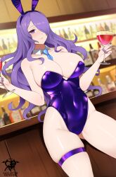 1girls alcohol alternate_costume animal_ears artist_logo bar_(place) bare_shoulders between_breasts blue_necktie blurry blurry_background breasts bunny_ears bunny_girl bunnysuit camilla_(fire_emblem) closed_mouth cup detached_collar drinking_glass fake_animal_ears female female_only fire_emblem fire_emblem_fates hair_over_one_eye hairband highleg highleg_leotard highres holding holding_cup kaos_art large_breasts leotard long_hair necktie necktie_between_breasts nintendo playboy_bunny purple_eyes purple_hair purple_hairband purple_leotard purple_nails rabbit_ears skindentation smile solo thigh_strap thighs wavy_hair wine_glass