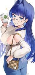 1girls ass bag bespectacled blue_eyes blue_hair blue_pants blunt_bangs blush boros_(ouro_kronii) breasts clothing_cutout coffee_cup cowboy_shot cup denim disposable_cup ear_piercing from_side glasses glint grin hair_intakes handbag hololive hololive_english hololive_english_-council- hololive_english_-promise- jeans large_breasts long_hair long_sleeves looking_at_viewer looking_back looking_over_eyewear makeup mascara odyssey_21 official_alternate_costume ouro_kronii ouro_kronii_(casual) pants parted_lips piercing semi-rimless_eyewear shirt shirt_tucked_in shoulder_cutout sideboob signature simple_background slit_pupils smile solo sparkle standing turtleneck twisted_torso virtual_youtuber white_background white_shirt