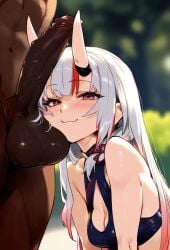 1boy 1girls ai_generated blurry_background dark-skinned_male eyes hololive horns huge_balls huge_cock interracial looking_at_viewer nakiri_ayame novelai oni oni_horns outdoors red_eyes smug swimsuit virtual_youtuber white_hair