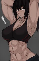 ! 1girls 2024 2d 2d_(artwork) abs armpits arms_behind_head arms_up athletic athletic_female bangs big_breasts black_eyes black_hair boobs breasts cleavage clothed clothing collarbone crop_top female female_only freckles hi_res highres human long_hair looking_at_viewer muscle muscles muscular muscular_female object_in_mouth oc original_character pale-skinned_female pale_skin plain_background ponytail shorts sidelocks six_pack solo solo_female sports_bra spots tagme takano_togainu_(zokosuke) tomboy tummy vein veins veiny_muscles zokusuke