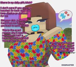 1girls aspie aspie_fetish aspie_kink autism autism_fetish autism_kink big_breasts big_lips bimbo bimbo_lips blush choker degradation degradation_text dominant dominant_female evil femdom goddess humiliation jenny_belle_(slipperyt) lipstick looking_at_viewer minecraft sadism sadistic sadistic_girl submissive_pov talking_to_viewer