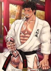 1boy abs arm_hair balls bara beard_stubble big_balls big_breasts big_penis black_belt blush brown_hair censor_bar censored censored_penis chunchunmen closed_eyes clothed clothing cum cum_bubble cum_drip cum_on_body cum_on_breasts cum_on_hand cum_on_penis cum_on_self cum_on_testicles cum_on_upper_body cum_string cumshot ejaculation gay gritted_teeth hairy_balls hi_res holding_penis jerking karate karate_gi leg_hair long_penis looking_at_penis lots_of_cum male male_only masturbation muscles muscular muscular_legs muscular_male muscular_thighs orgasm original original_character outdoors pants_down pecs semen short_hair sitting six_pack solo steam steaming_body sweat sweatdrop text thick_cum thick_penis vein veiny_hands veiny_penis