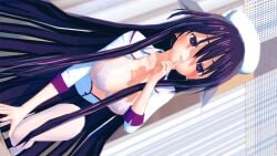 3d angelxd bed bra breasts cleavage date_a_live koikatsu light-skinned_female long_hair nurse nurse_uniform open_clothes open_shirt pantyhose purple_eyes purple_hair solo solo_female yatogami_tohka