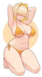 absurdres ahoge armpits arms_behind_head barefoot bikini blonde_hair breasts covered_eyes elegg_(nikke) female full_body goddess_of_victory:_nikke hair_intakes hair_over_eyes highres large_breasts moursho navel open_mouth orange_bikini shiny_skin short_hair side-tie_bikini_bottom sitting skindentation solo swimsuit wet_skin white_background