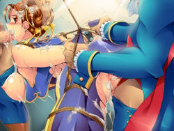 1girls blush bodysuit bondage capcom censored chun-li clothed_sex clothing cum darkstalkers demitri_maximoff female jumpsuit medium_breasts oral_sex root_7 straight_hair street_fighter street_fighter_alpha street_fighter_alpha_2 street_fighter_alpha_3 threesome torn_clothes