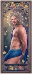 1boy abs actor arm_muscles autumn biceps big_biceps blonde_hair blonde_male blue_eyes celebrity chris_hemsworth covered_crotch framed_picture fuhrerdoodles full_beard hair_behind_ear half_ponytail halo hands_behind_back human human_only in_character light-skinned_male light_skin looking_back male male_only male_solo marvel marvel_cinematic_universe medium_hair mostly_nude muscles muscular muscular_male partially_covered pecs pink_lips posing serious_look side_butt side_pec small_waist smooth_skin thor_(marvel) thor_(series)