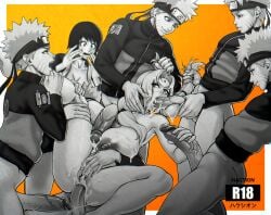 2girls 5boys anal big_breasts big_penis black_and_white breasts colored_background cowgirl_position cum cum_in_mouth cum_in_pussy cum_inside cum_on_breasts cum_on_face cumshot gangbang grabbing_legs half-dressed handjob huge_breasts huge_cock multiple_boys naked naruto naruto_(series) naruto_shippuden ninja paizuri pulling_hair shizune shocked titfuck titjob tsunade uzumaki_naruto veiny_penis