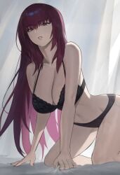 1girls bare_legs bare_thighs bra cleavage fate_(series) female half-closed_eyes hood_x_art panties scathach_(fate) shiny_skin solo staring_at_viewer stomach tagme thighs underwear