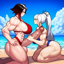 abs ai_generated angry biceps big_breasts breasts female futa_on_female futanari grabbing_penis huge_breasts intersex large_penis muscular muscular_female muscular_futa novelai penis ruby_rose rwby smile smirk swimsuit weiss_schnee