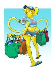1girls alan_ituriel baguette blue_background cartoon_network drinking_straw female_only food full_body g-lo_(villainous) gradient_background groceries milk noise sandals shopping shopping_bag slime_girl smoothie solo solo_female solo_focus straw villainous white_background yellow_eyes yellow_skin