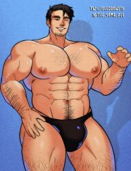 1boy aledraws19 bara beard_stubble beowulf_(skullgirls) bulge hairy_chest male male_nipples male_only male_pubic_hair muscular_male nipples skullgirls thong underwear