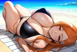 1girls ai_generated bangs bare_shoulders barefoot beach beach_towel bikini black_bikini black_swimsuit bleach bleach:_the_thousand-year_blood_war blue_sky blush breasts brown_eyes clavicle cleavage clothing cloud day feet female female_only flower hair_flower hair_ornament huge_breasts inoue_orihime large_breasts lewisai long_hair looking_at_viewer lying mommy navel ocean on_back on_side orange_eyes orange_hair outdoors sand shore side-tie_bikini sky smile solo sweat swimsuit thighs water wet