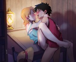 1boy 1boy1girl 1girls arms_around_neck black_hair blush bottomless couple embrace female male map monkey_d_luffy nami_(one_piece) one_piece orange_hair penis_in_pussy pre-timeskip romantic scar sex short_hair spread_legs straw_hat sweat thrusting wholesome wholesome_sex zantinaa