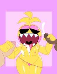 1girls 2boys animatronic breasts chicken cum cum_in_mouth cumshot facial five_nights_at_freddy's five_nights_at_freddy's_2 handjob idontkn0w open_mouth shiny_skin smile straight threesome toy_chica_(fnaf) yellow yellow_body