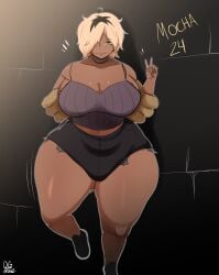 1girls beauty_mark big_breasts bigger_female blonde_hair dgdrawz female mocha(dgdrawz) oc shorts smug tomboy