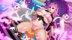 1boy 3d bikini cleavage female female_focus huge_breasts krillinresort licking_through_clothes lipstick long_hair male one_piece perona pink_hair striped_legwear thighhighs tony_tony_chopper twintails umbrella