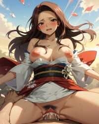 ai_generated cana_alberona cum_in_pussy cum_inside fairy_tail flower_petals kimono looking_at_viewer nipple_slip orgasm partial_male payop pov vaginal_penetration vaginal_sex waist_grab wind