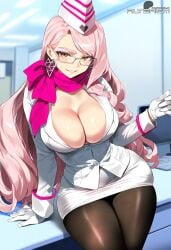 1girls ai_generated alterism big_breasts busty cap cleavage earrings fate/grand_order fate_(series) female_focus glasses gloves hourglass_figure indoors jacket koyanskaya_(fate) koyanskaya_(foreigner) koyanskaya_(foreigner_first_ascension) large_breasts light-skinned_female light_skin long_hair looking_at_viewer naughty_face office office_lady pantyhose pink_hair scarf shiny_clothes shiny_skin sitting skindentation standing tamamo_no_mae_(fate) thick_thighs tight_clothing wide_hips yellow_eyes