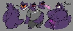 bileshroom chubby fat_male gengar long_tongue male no_humans penis penis_out pokemon pokemon_(species) purple_fur reference_image reference_sheet sketch_page solo_male