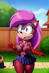 1girls ai_generated anthro ass bikini blue_eyes breasts confused female fishnet_stockings hedgehog lipstick magenta_fur mobian_(species) nippels outside pink_hair rodent seductive seductive_look sega skirt sonia_the_hedgehog sonic_(series) sonic_the_hedgehog_(series) sonic_underground thighs