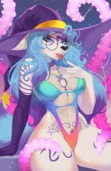 2022 ankh anthro arm_support black_nose black_pupils blue_eyes blue_hair blue_nails canine canine_humanoid chin_piercing cynthia_star_(midnight0star) digital_media_(artwork) ear_piercing eyelashes female female_only fox fox_humanoid furry furry_female furry_only glasses hair hat inner_sideboob mammal mammal_humanoid monokini multicolored_hair navel necklace no_humans purple_hair sitting solo_female sorafoxyteils swimsuit tagme teeth tentacle tentacle_around_leg tongue tongue_out tongue_piercing white-body white_sclera witch_hat