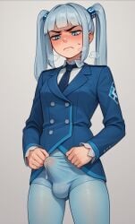 ai_generated blue_eyes blue_hair blue_necktie blue_pantyhose bulge bulge_through_clothing erection_under_clothes erection_under_pantyhose futa_only futanari hair_ornament heavy_breathing irritated long_sleeves musk_clouds necktie pantyhose precum rkn-chan simple_background solo solo_futa sweat twintails