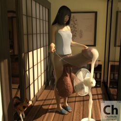 1futa 3d alternate_version_available balls_bigger_than_head cat chuchi cooling_off cum cum_on_object cumming fan huge_cock hyper hyper_balls hyper_penis japanese_house penis_longer_than_knee sandals solo_futa tagme