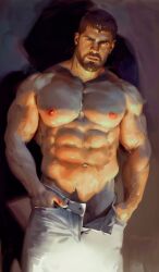 1boy bara beard bulge bulge_through_clothing capcom chris_redfield clothing male male_nipples male_only muscular_male nipples penis qai_san resident_evil