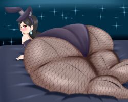 blush bunny_girl bunnysuit fishnet_legwear gigantic_ass huge_ass hyper_ass looking_back lying_on_stomach nokozeze