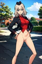 ai_generated ai_hands black_jacket blue_eyes bottomless breasts frown girls_und_panzer hands_on_own_hips highres itsumi_erika jacket large_breasts public public_indecency pussy red_shirt shirt tiny_waist white_hair