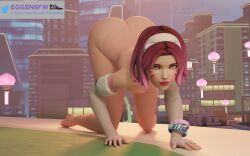 1girls asian asian_female bending_over big_ass big_butt blizzard_entertainment building d.va eggsnsfw facepaint flashing hana_song le_sserafim nude on_knees overwatch pink_hair tagme teenager