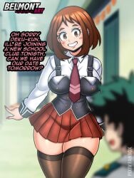 1boy 1girls academy_uniform_(bible_black) belmont bible_black big_breasts brown_eyes brown_hair color english_text female green_hair hi_res izuku_midoriya large_breasts light-skinned_female light_skin looking_at_viewer male male/female midoriya_izuku my_hero_academia ntr ochako_uraraka short_hair tagme text thick_thighs